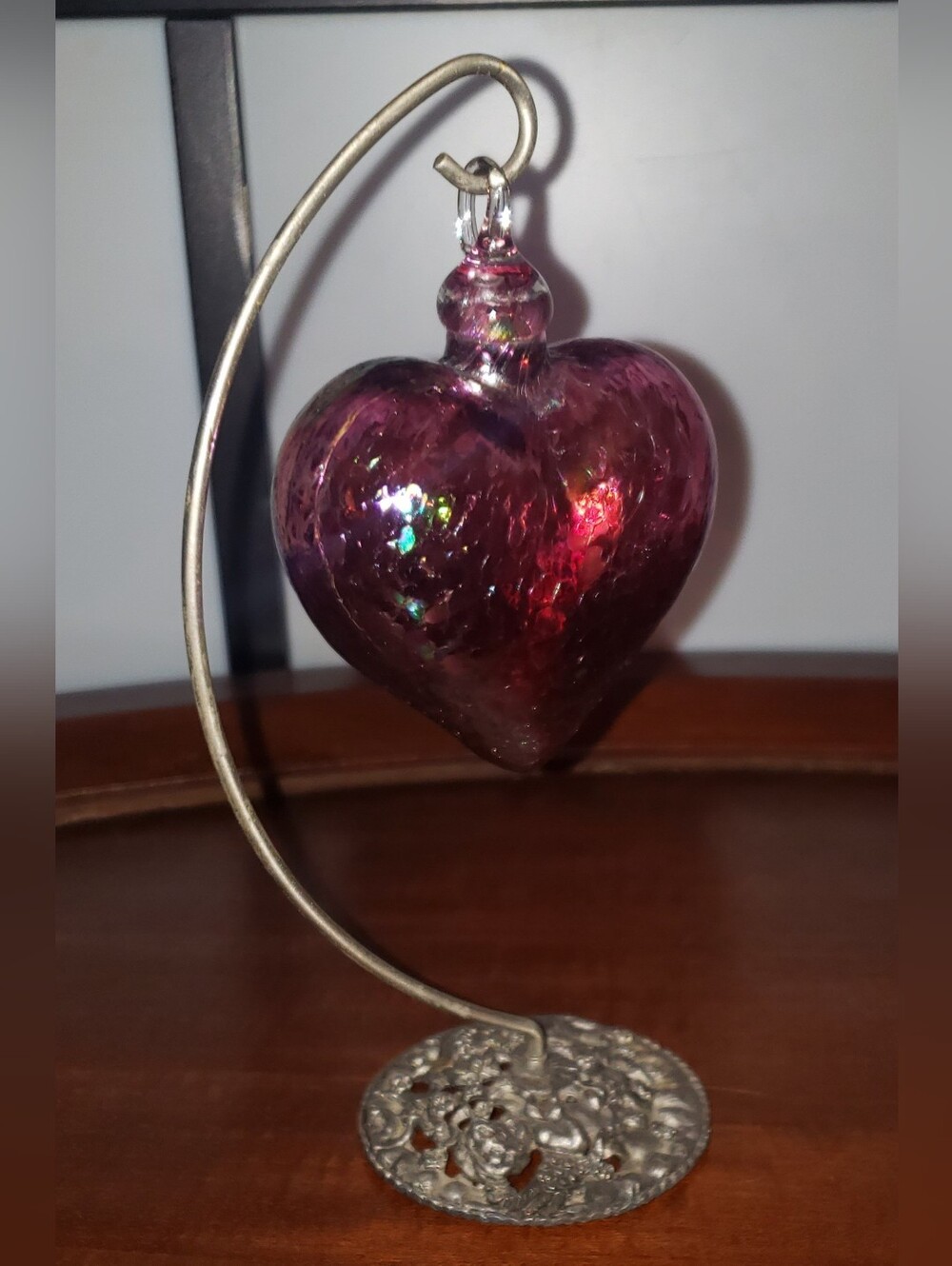 Hand-Blown Purple Glass Heart Ornament with Stand